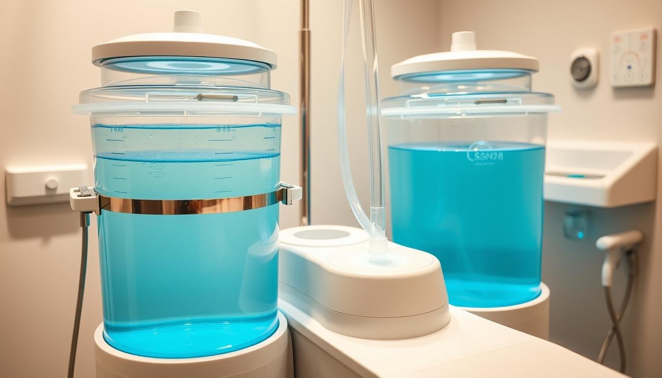 Colon hydrotherapy equipment showing tubes and water filtration system used during the procedure