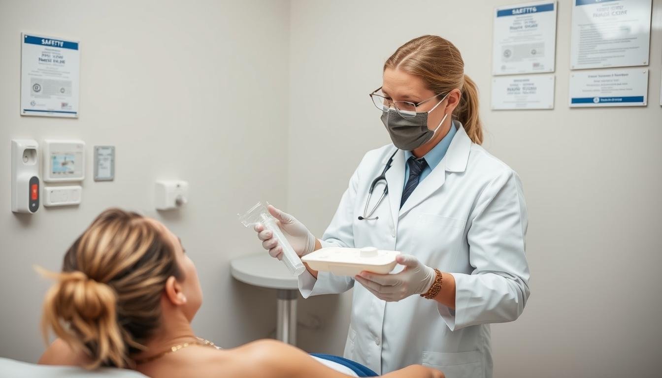 Colon hydrotherapy practitioner demonstrating safety protocols and sterilized equipment