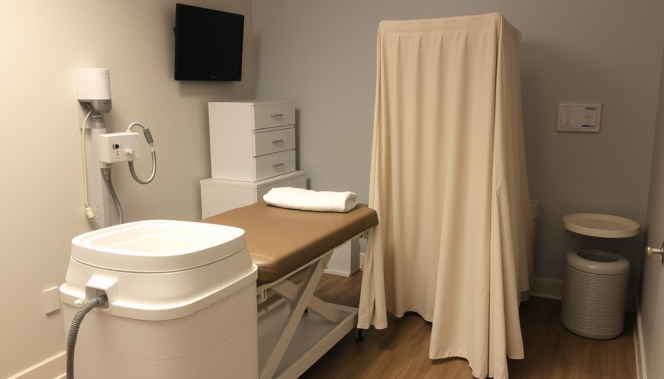 Colonic hydrotherapy equipment in a clean, professional treatment room