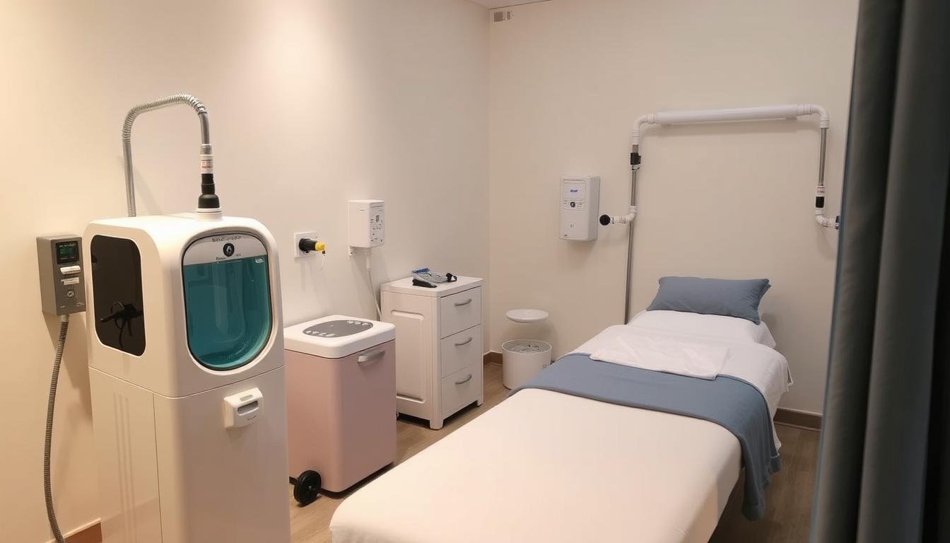 Colonic hydrotherapy equipment setup in a clean, clinical environment