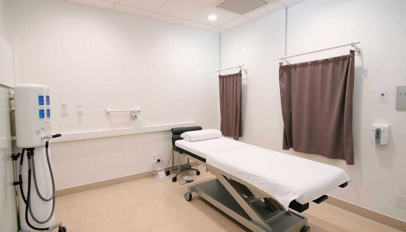 Colonic hydrotherapy procedure room showing equipment and treatment table Colonic hydrotherapy procedure room showing equipment and treatment table