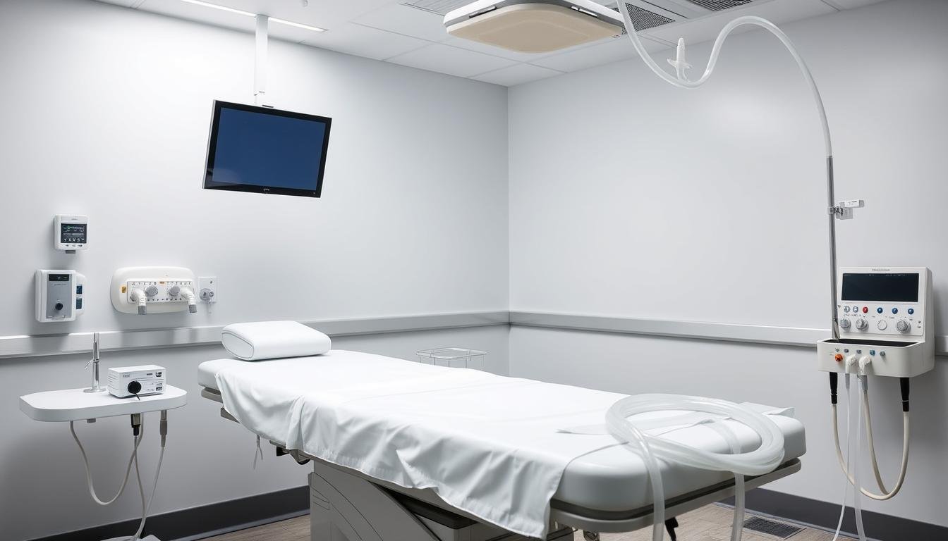 Colonic irrigation procedure setup showing equipment and treatment room