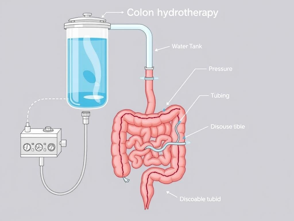 Diagram showing how colon hydrotherapy works and the equipment used that contributes to colon hydrotherapy cost Diagram showing how colon hydrotherapy works and the equipment used that contributes to colon hydrotherapy cost