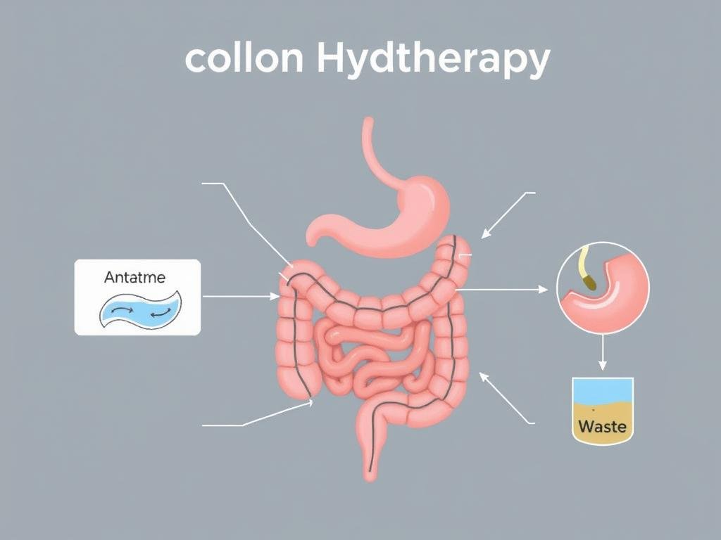 Diagram showing how colon hydrotherapy works with water flowing through the large intestine