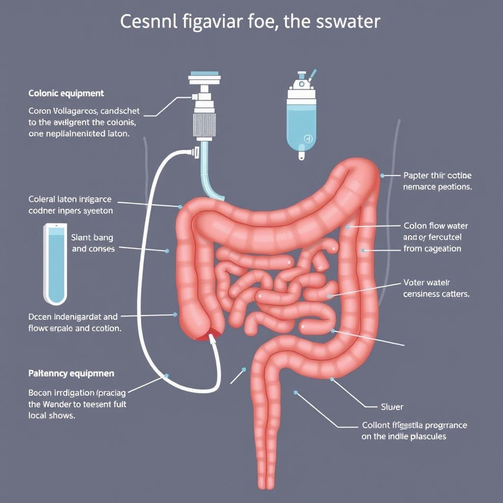 Diagram showing how colonic irrigation works, with labeled parts of the colon