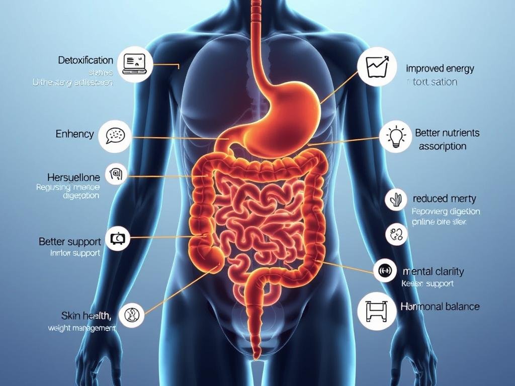 Diagram showing the benefits of colon hydrotherapy on the digestive system and overall health