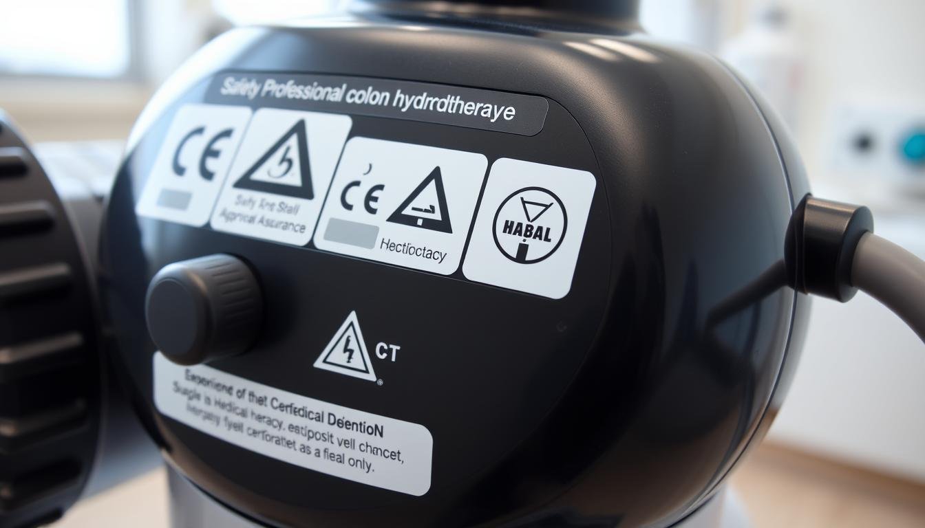 FDA-approved colon hydrotherapy device with safety certification labels