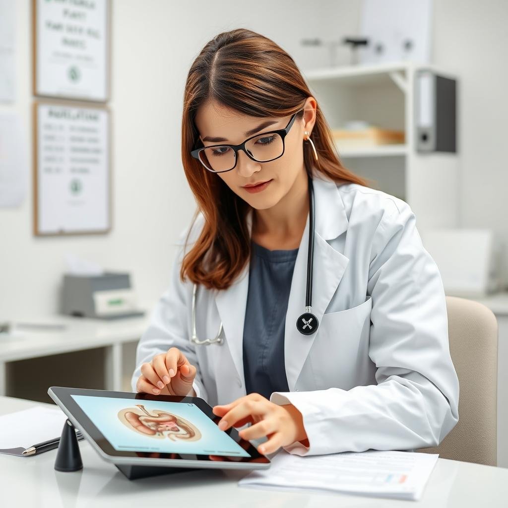 Female gastroenterologist reviewing patient charts