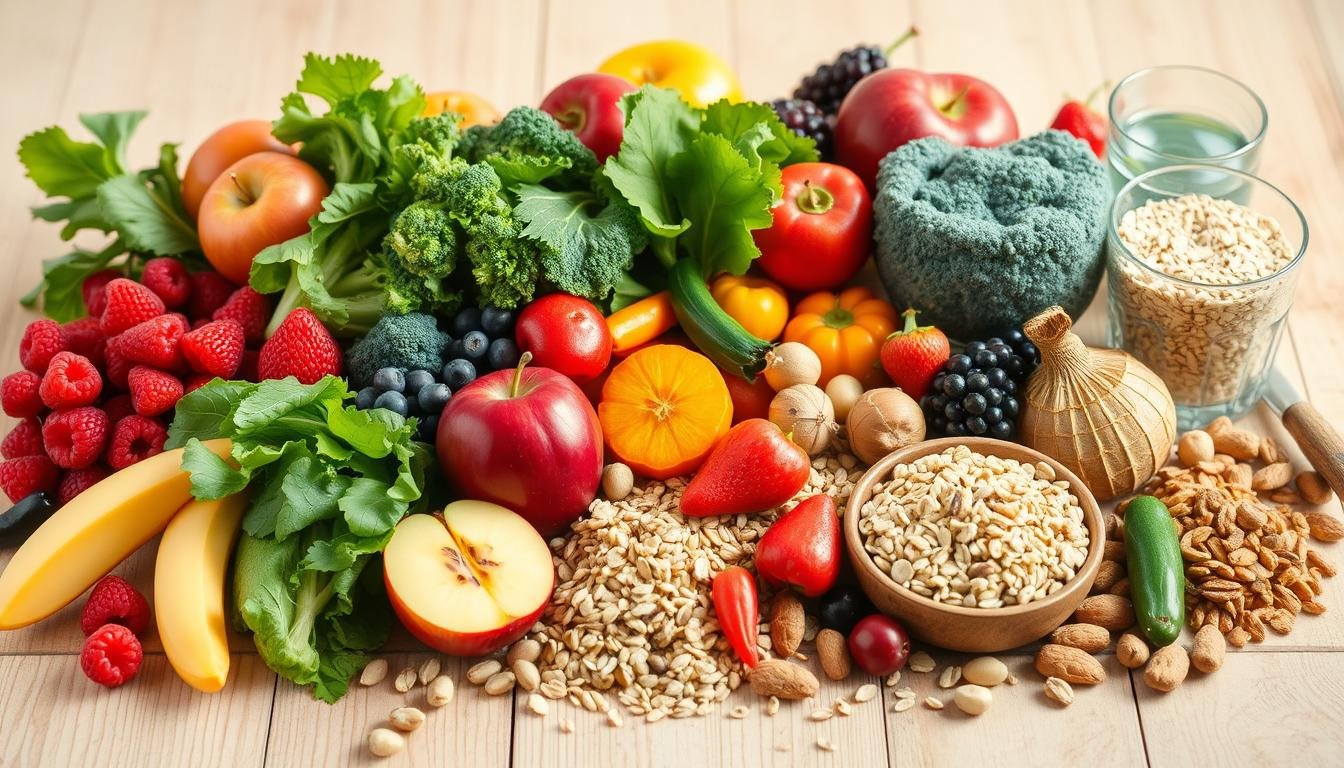 Healthy foods that support natural digestive health including fiber-rich fruits, vegetables, and whole grains
