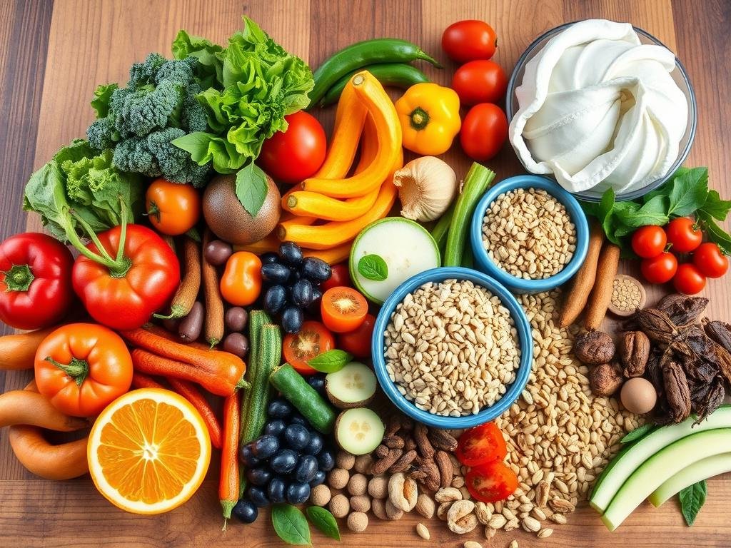 Healthy foods that support natural digestive health including fruits, vegetables, and whole grains