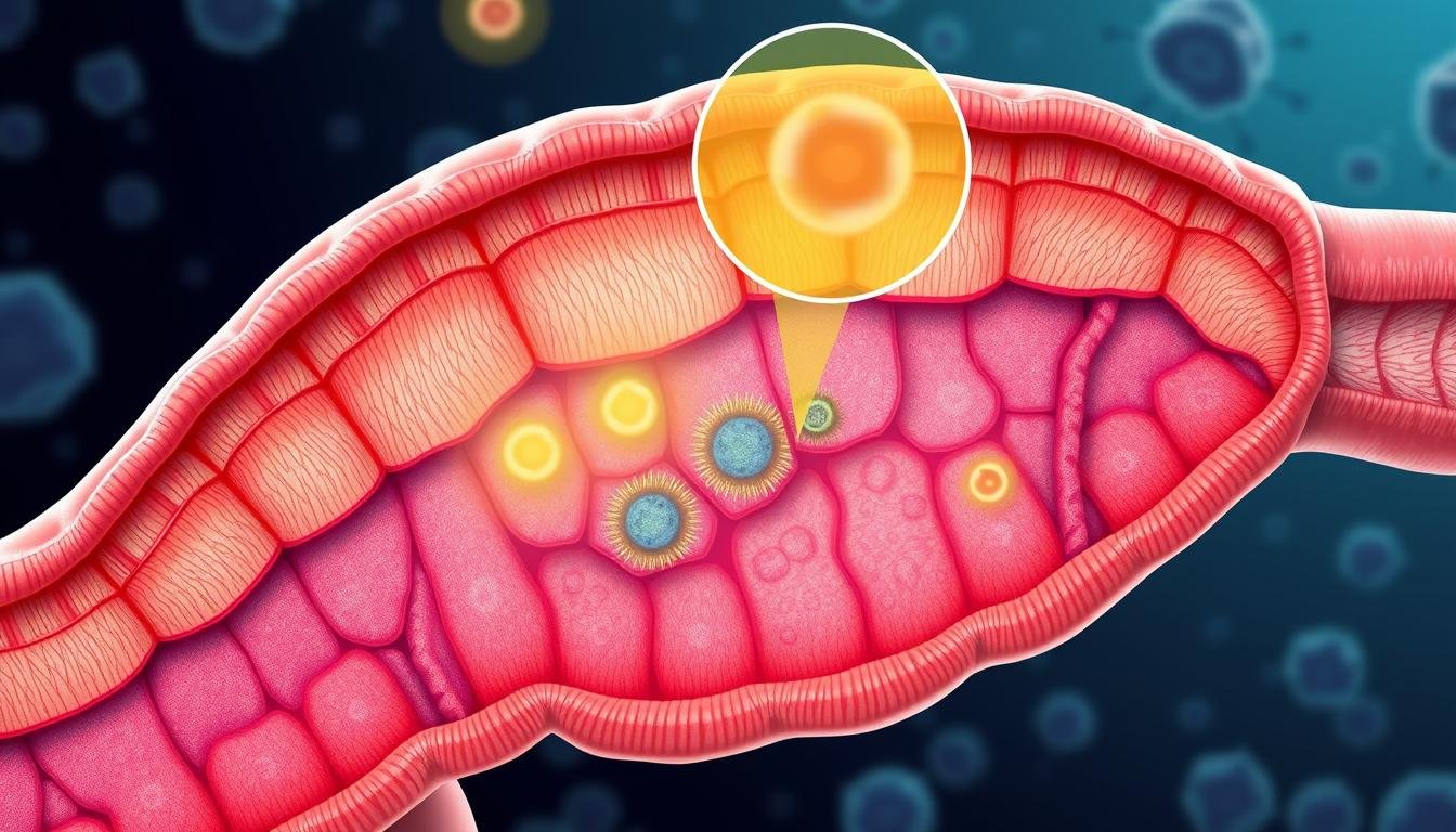 Illustration of gut-associated lymphoid tissue showing immune system components in the digestive tract