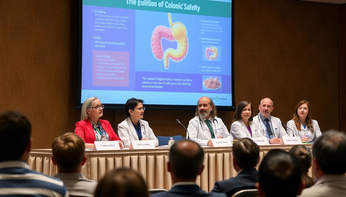 Medical panel discussing colonics safety at a health conference