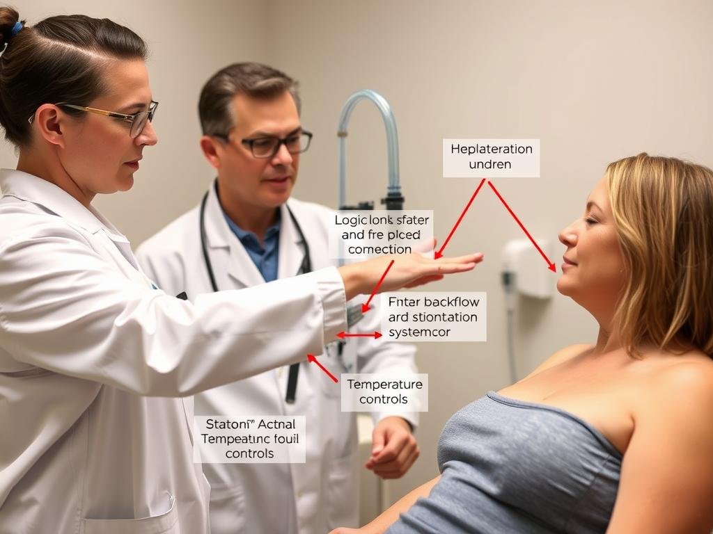 Medical professional demonstrating safety features of a colon hydrotherapy device