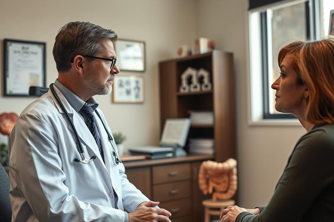 Medical professional discussing colon hydrotherapy safety concerns with a patient