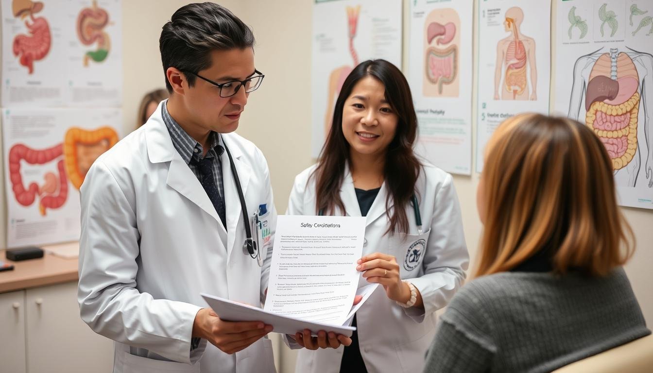 Medical professional discussing safety considerations of colonic hydrotherapy