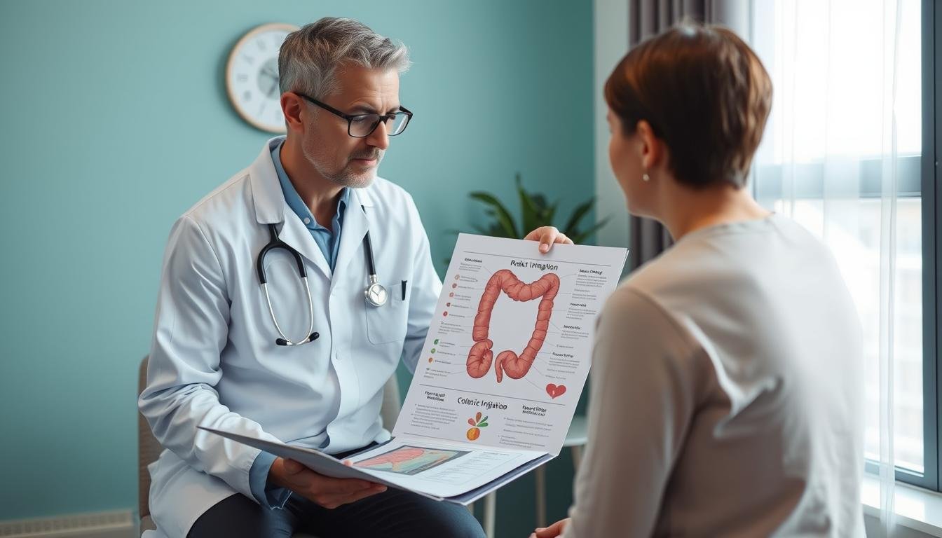 Medical professional explaining colonic irrigation risks and benefits to a patient Medical professional explaining colonic irrigation risks and benefits to a patient