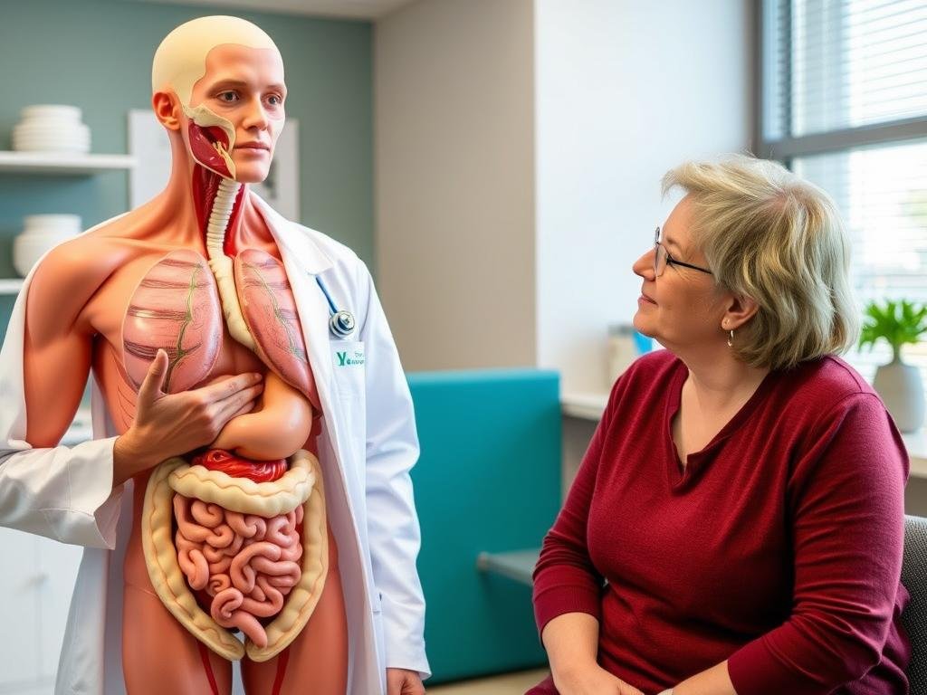 Medical professional explaining digestive system with anatomical model