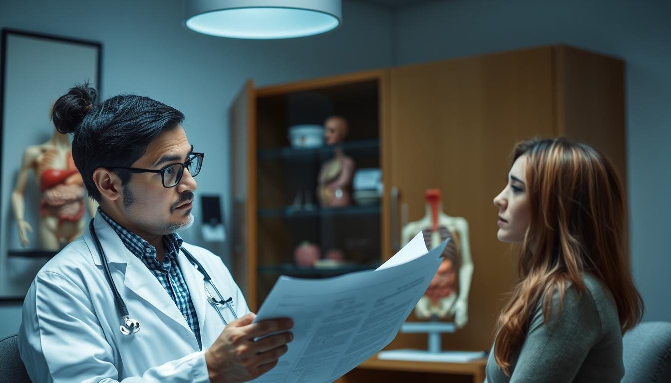 Medical professional explaining serious side effects of colon hydrotherapy to a patient