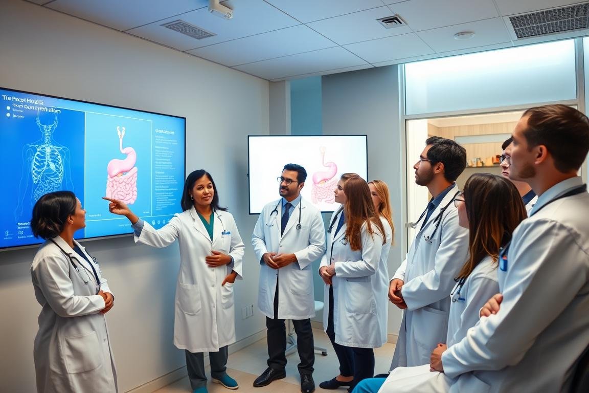 Medical professionals discussing digestive health in a conference setting