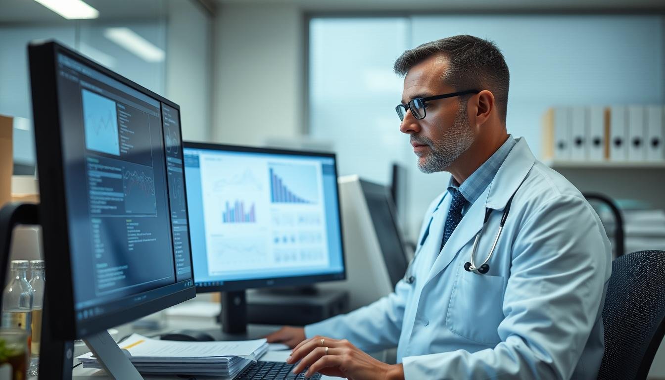 Medical researcher reviewing scientific studies about colonic irrigation safety