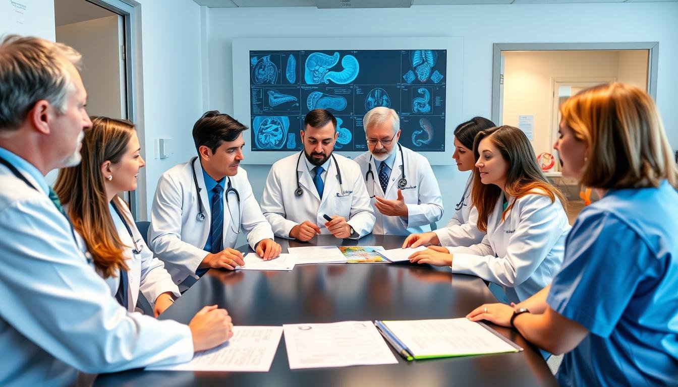 Medical team discussing digestive health treatments in a hospital setting