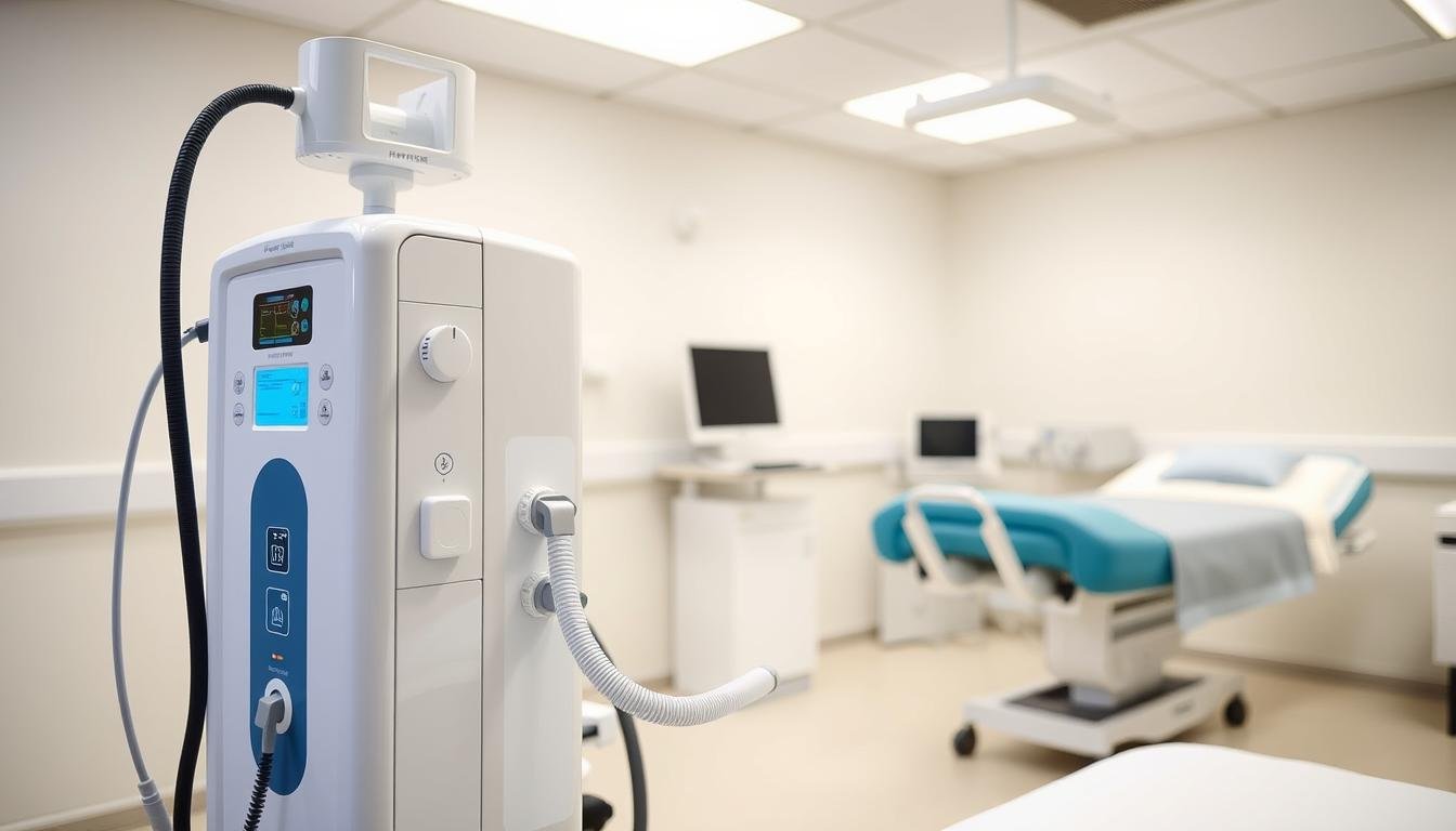 Modern colon hydrotherapy device in a clinical setting with treatment bed and control panel