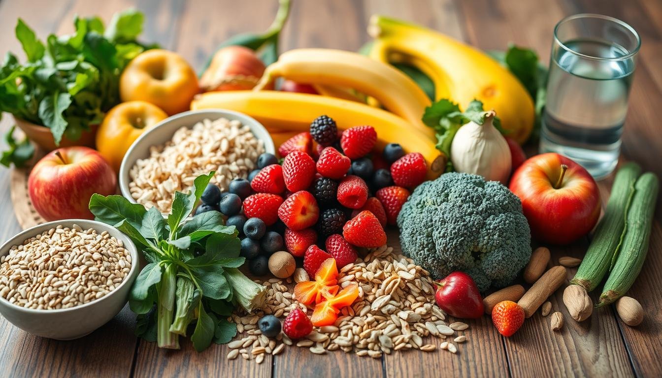 Natural colon cleansing foods including high-fiber fruits, vegetables, and hydration options