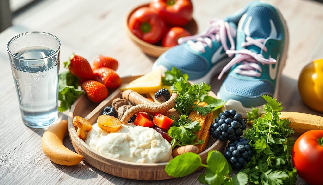 Natural digestive health concept showing balanced diet and lifestyle factors