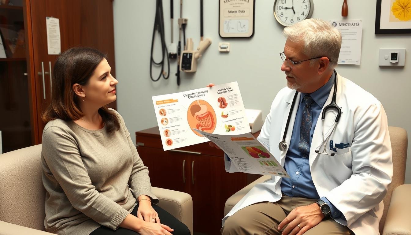 Person consulting with a doctor about digestive health options Person consulting with a doctor about digestive health options