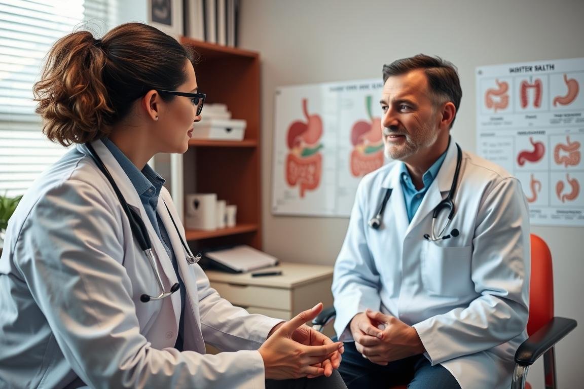 Person consulting with a healthcare professional about colonic cleanse options