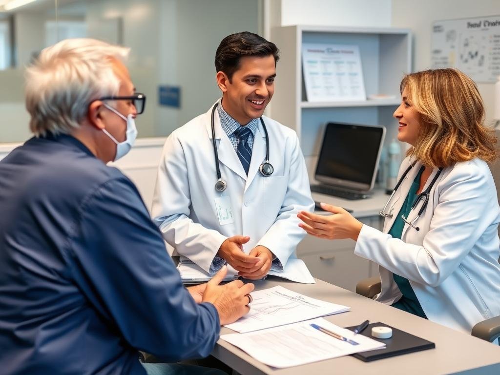 Person consulting with a healthcare professional about digestive health options