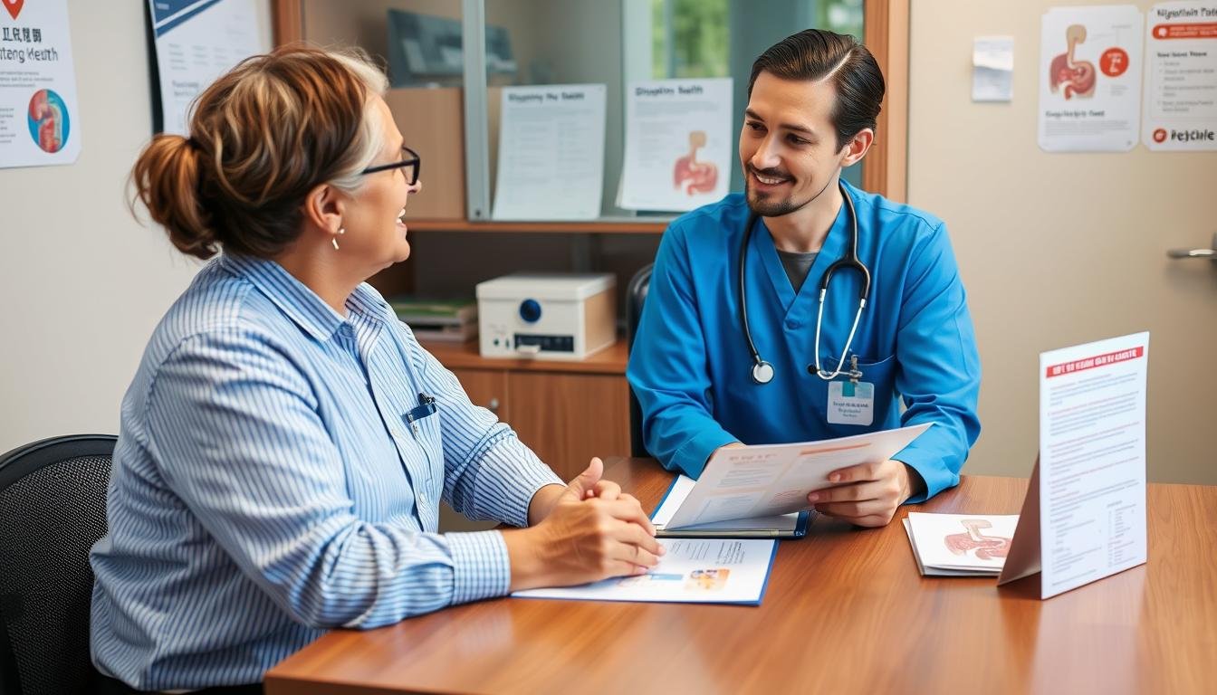 Person consulting with a healthcare provider about colon hydrotherapy questions Person consulting with a healthcare provider about colon hydrotherapy questions