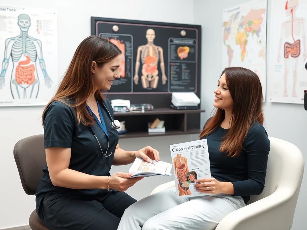 Person consulting with healthcare provider about colon hydrotherapy
