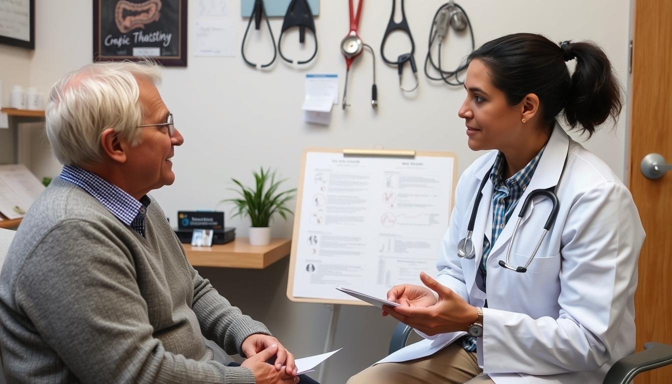 Person consulting with healthcare provider about digestive health options