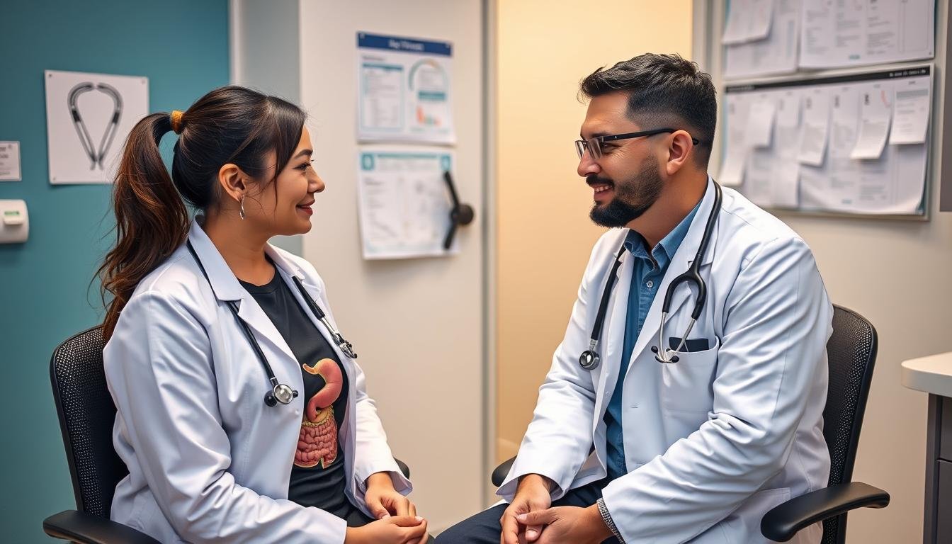 Person discussing colonic hydrotherapy options with a healthcare provider