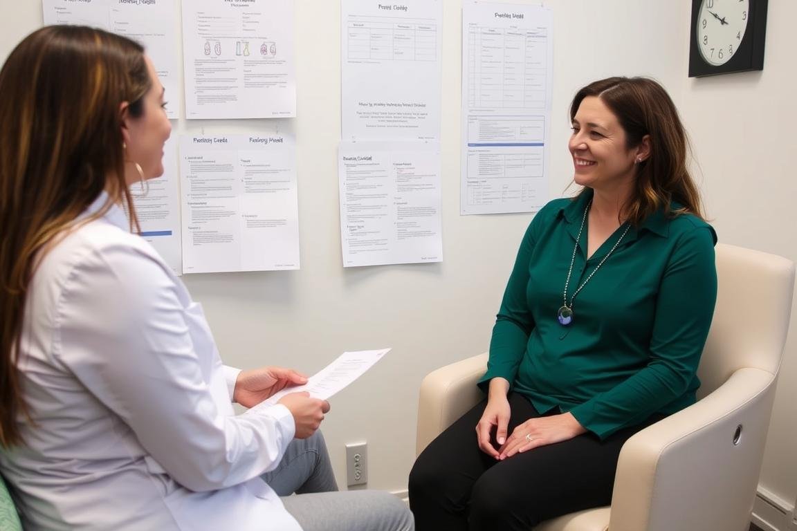 Person discussing colonic hydrotherapy with a practitioner before treatment Person discussing colonic hydrotherapy with a practitioner before treatment