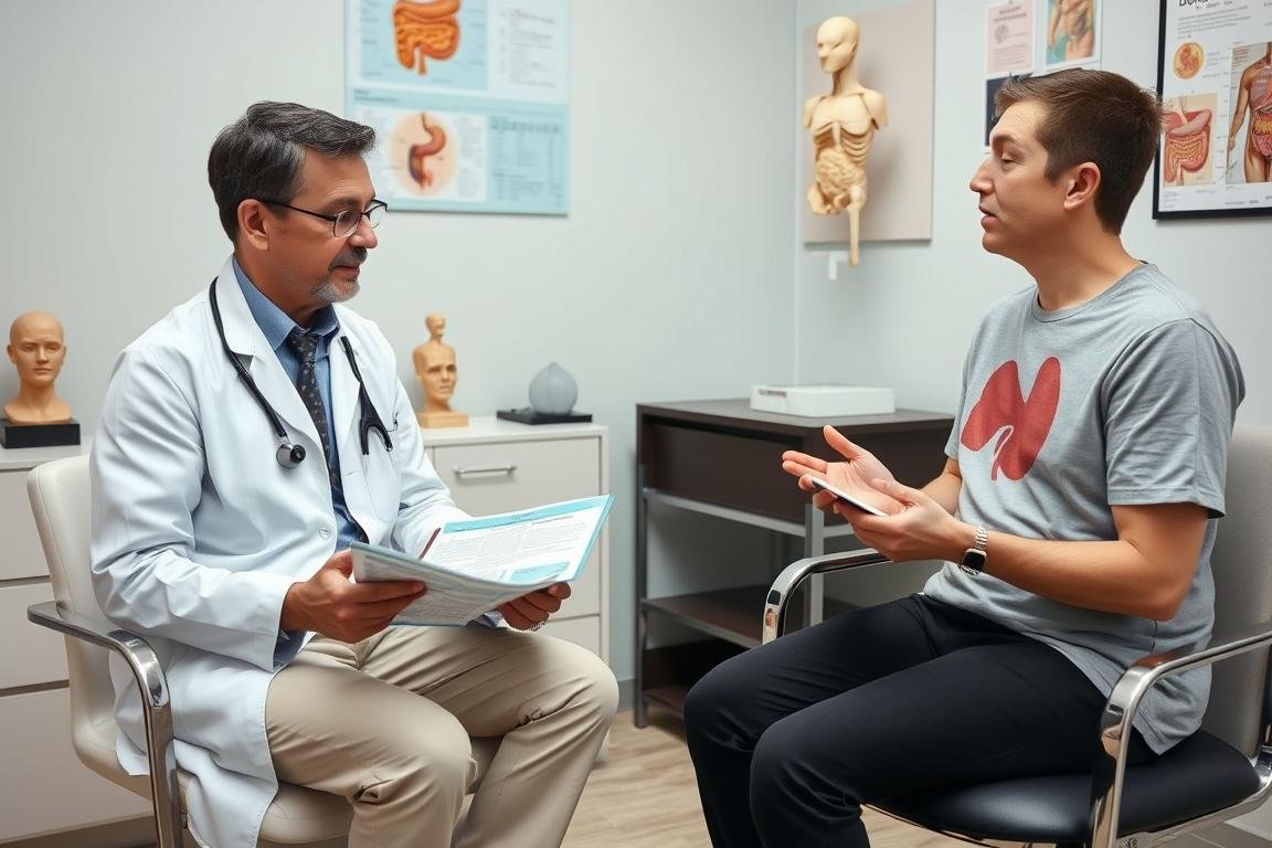 Person discussing colonics safety with healthcare provider