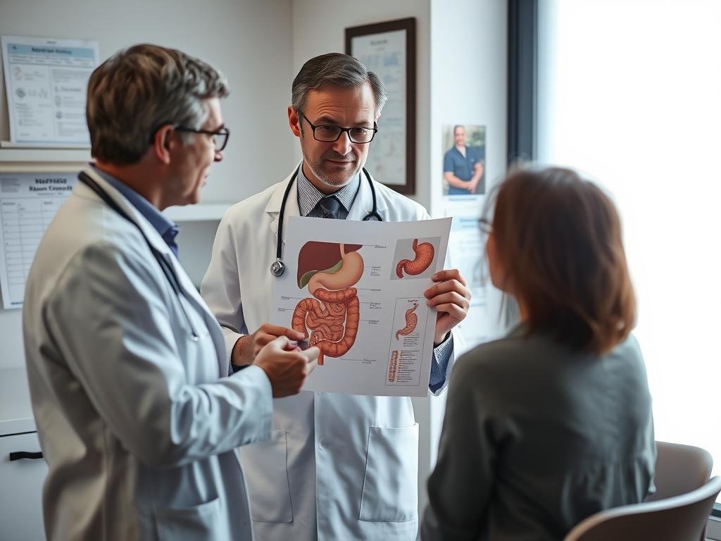 Person discussing digestive health concerns with a gastroenterologist