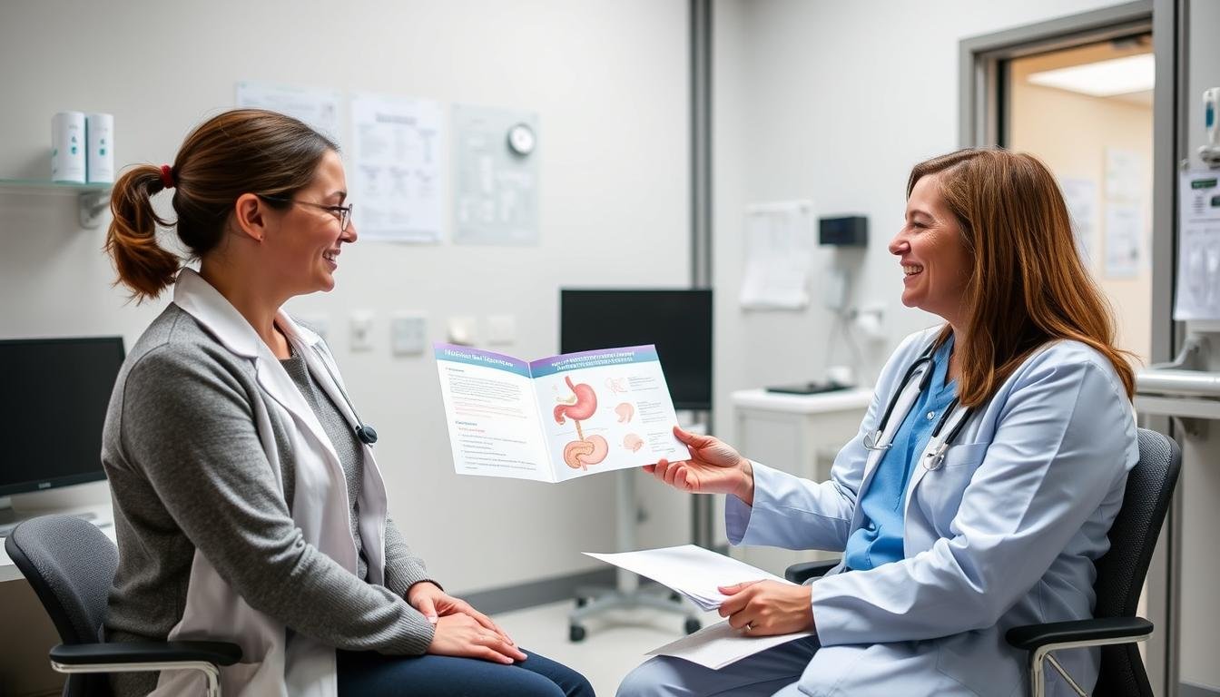Person discussing digestive health options with a healthcare provider