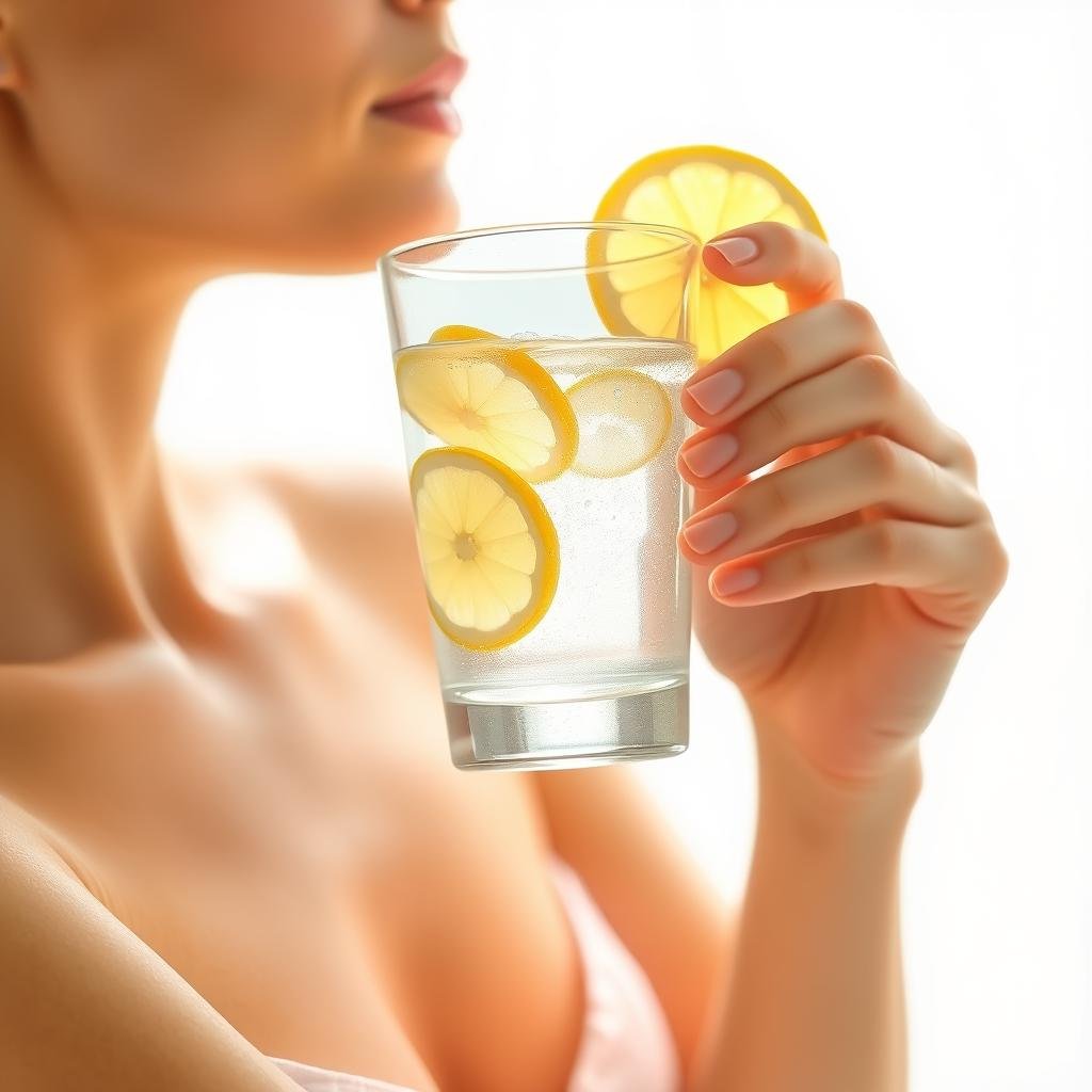 Person drinking a glass of water with lemon for natural colon cleansing Person drinking a glass of water with lemon for natural colon cleansing
