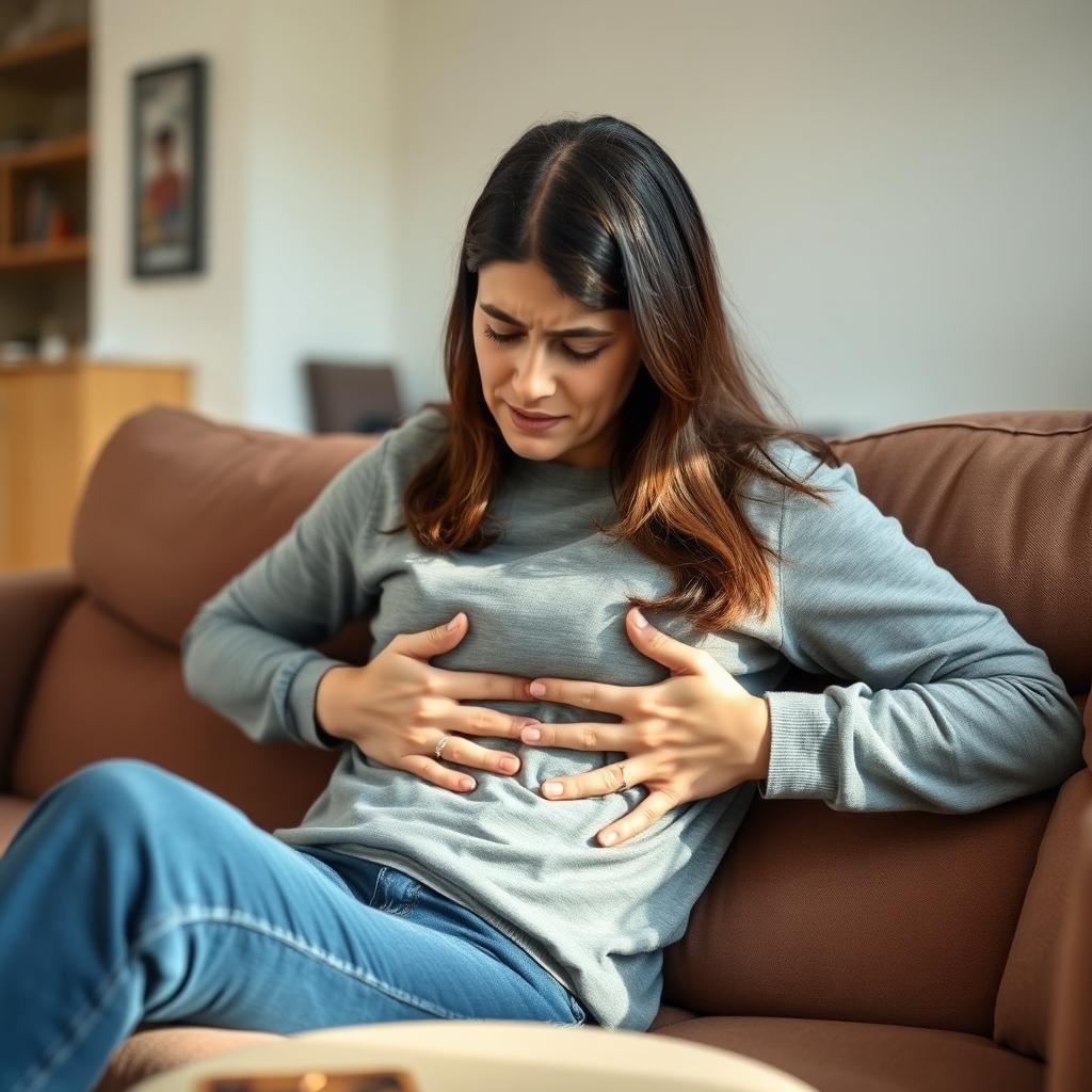 Person experiencing abdominal discomfort, one of the common colonic irrigation side effects