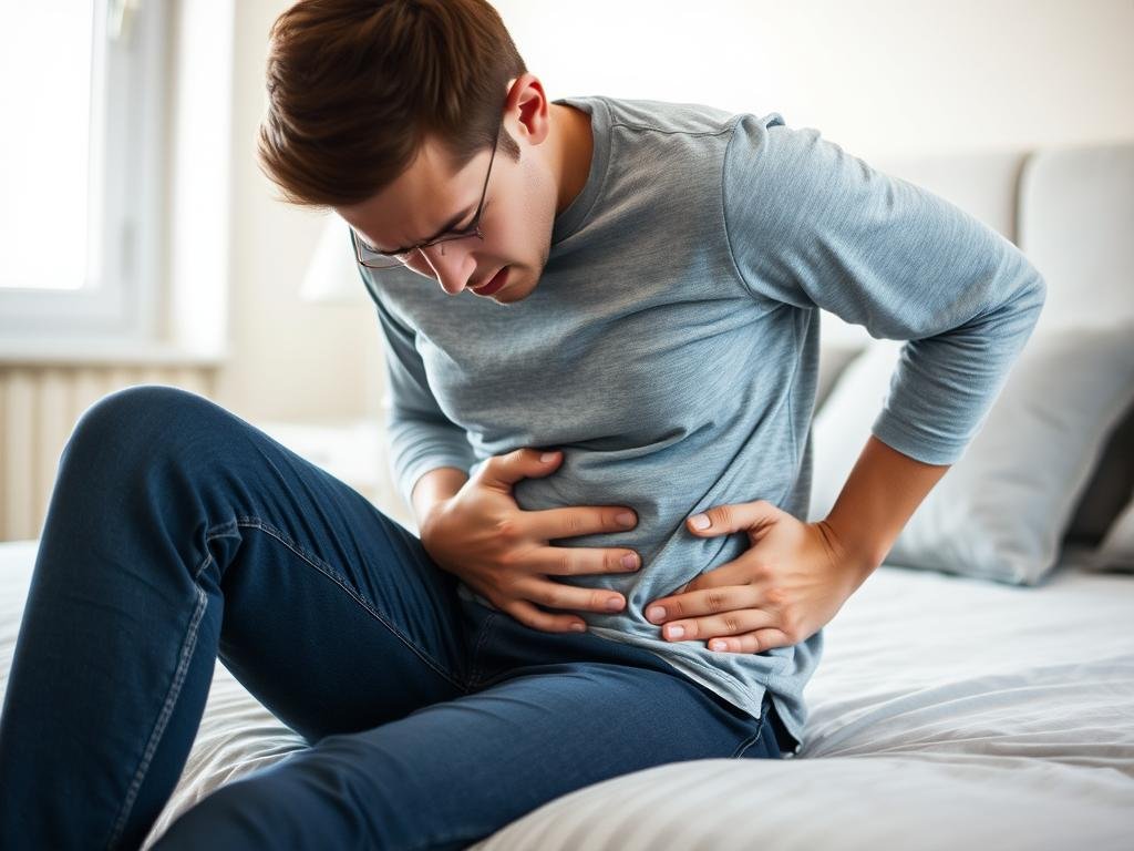 Person experiencing abdominal discomfort, one of the common side effects of colon hydrotherapy