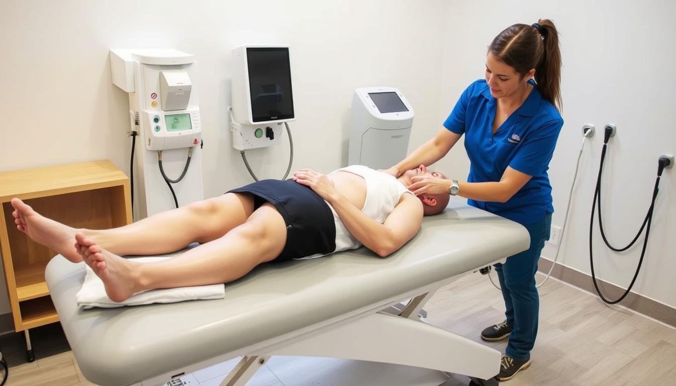 Person experiencing colon hydrotherapy treatment with professional therapist