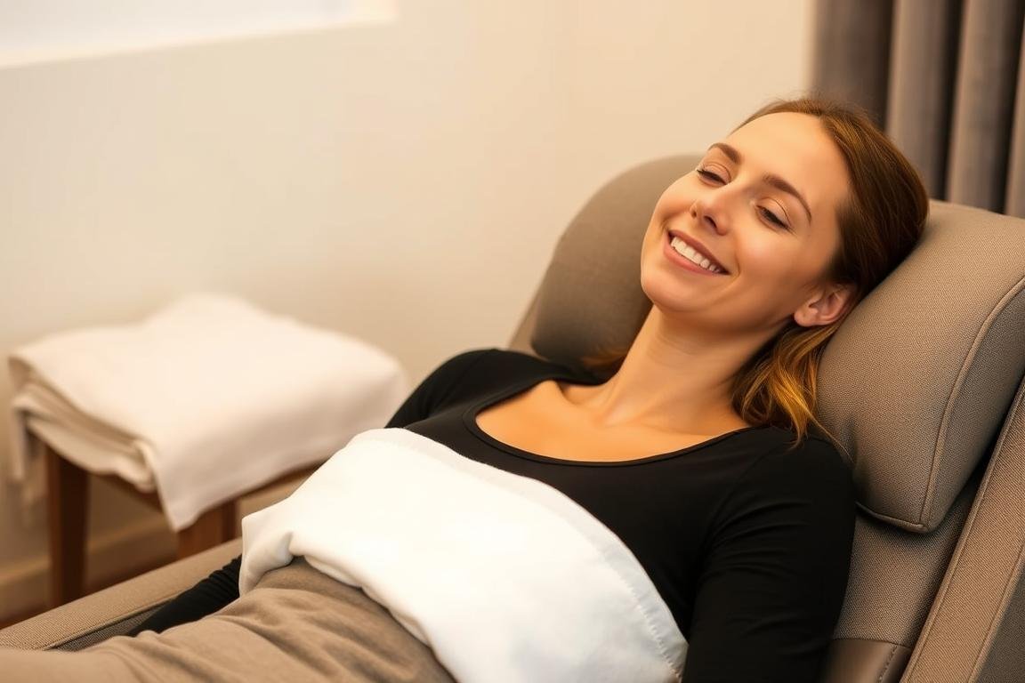 Person feeling relief after colonic hydrotherapy treatment