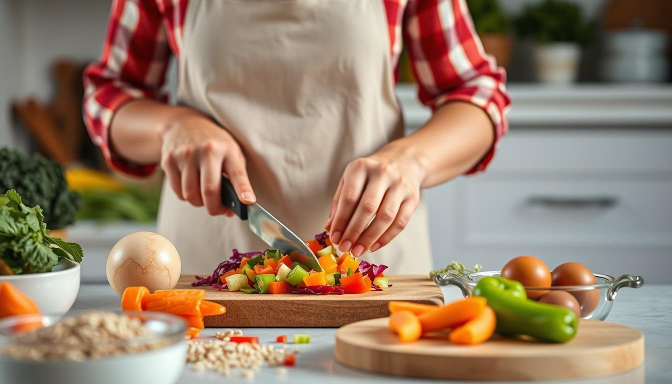 Person preparing a fiber-rich meal with fresh vegetables and whole grains