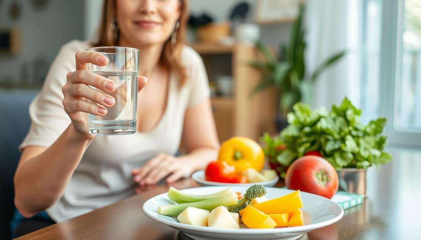 Person preparing for colonic hydrotherapy with healthy food and water