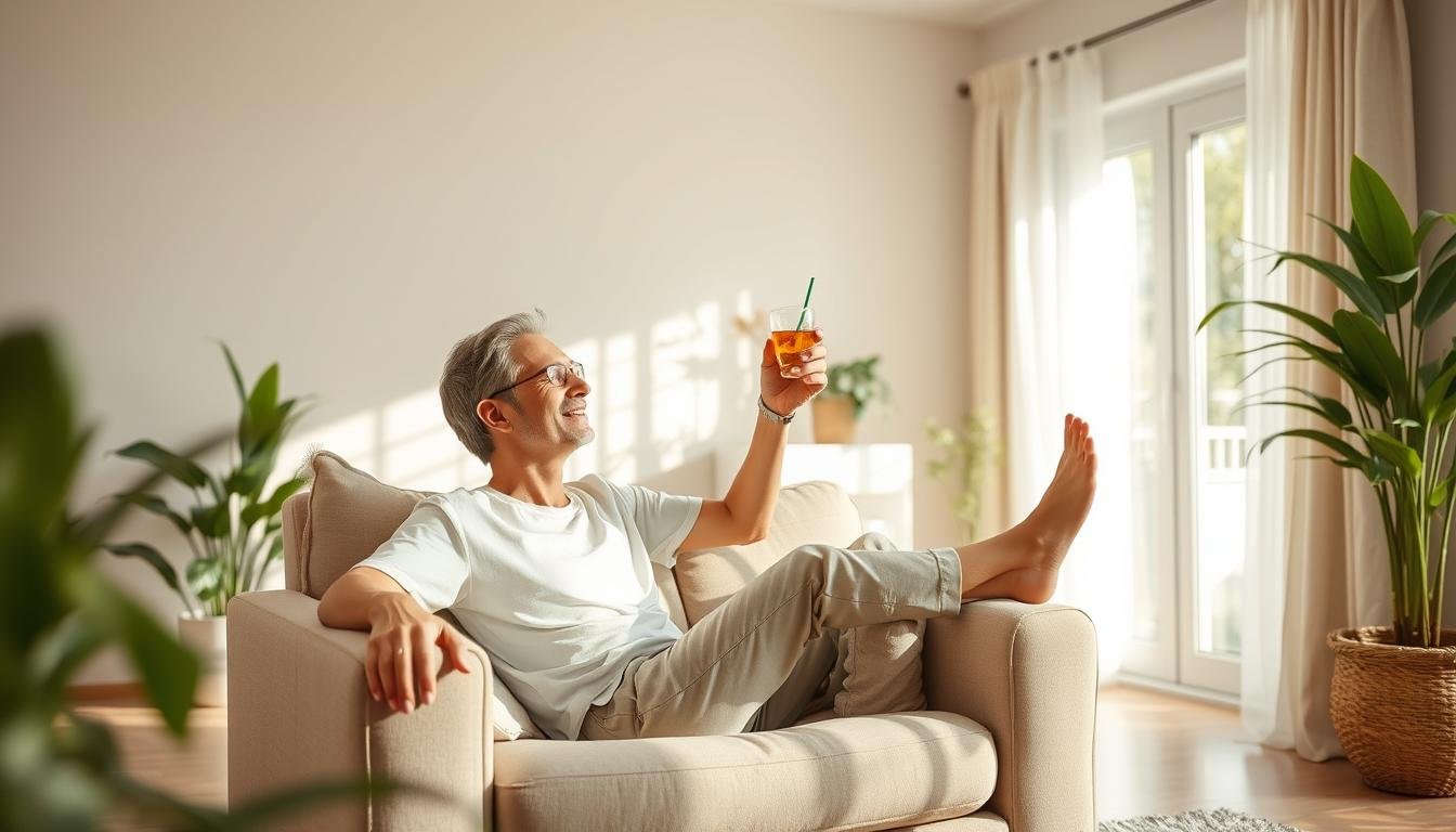 Person relaxing after a successful colon hydrotherapy session at home