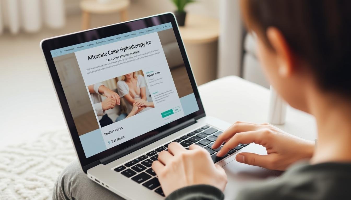 Person researching affordable colon hydrotherapy options online to reduce colon hydrotherapy cost Person researching affordable colon hydrotherapy options online to reduce colon hydrotherapy cost
