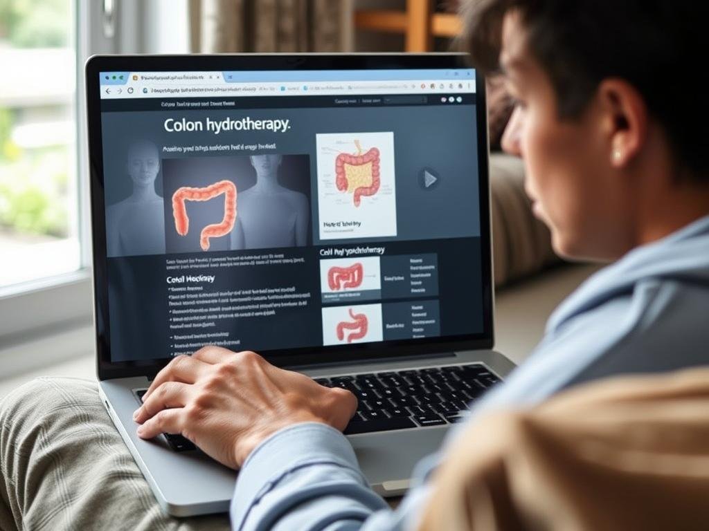 Person researching information about colon hydrotherapy safety on a laptop Person researching information about colon hydrotherapy safety on a laptop
