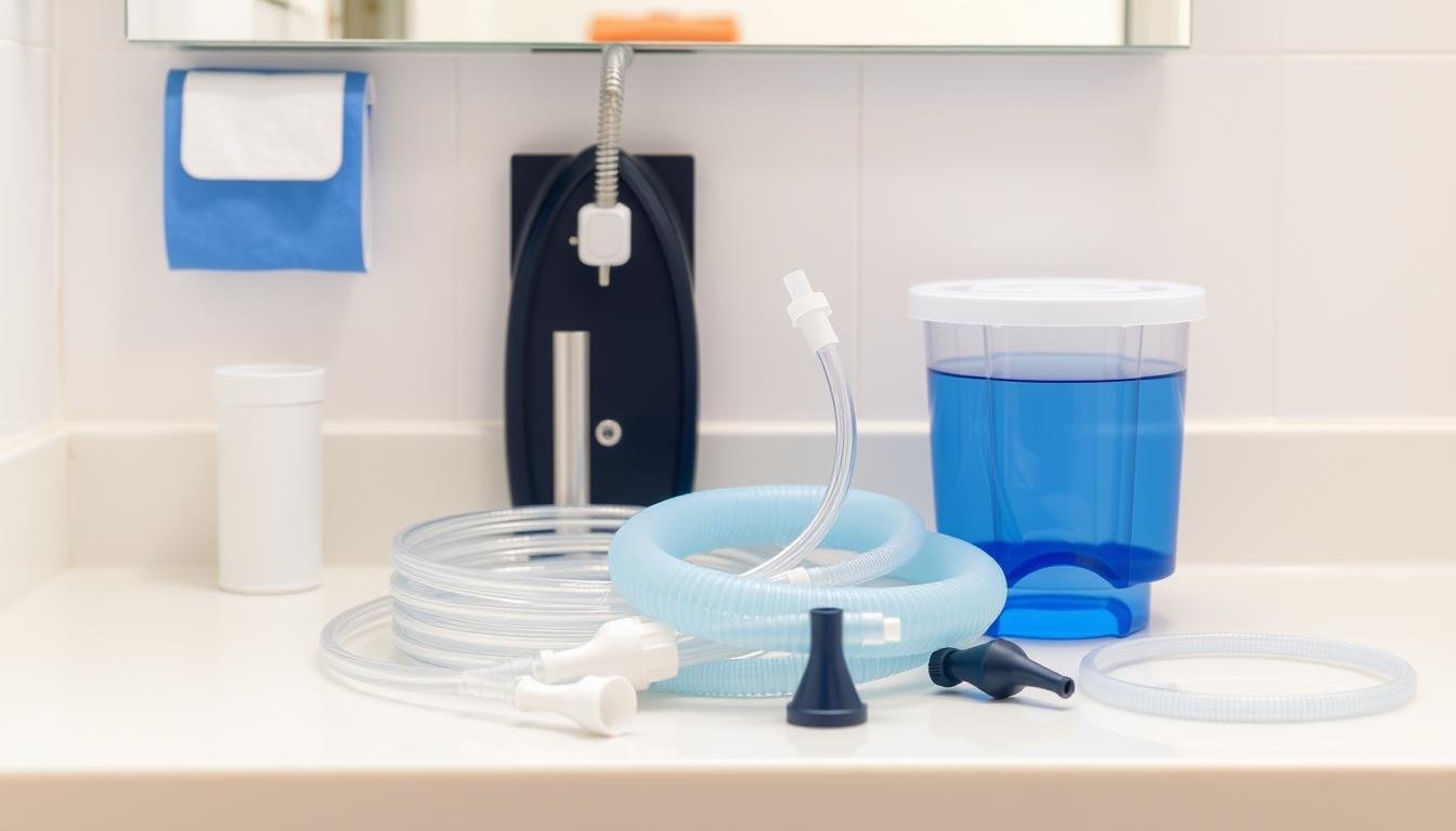 Person reviewing a colon hydrotherapy home kit with components laid out on a bathroom counter